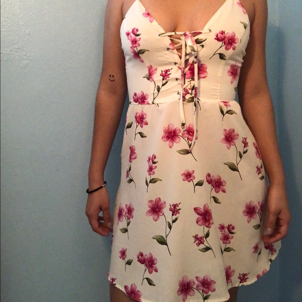 white dress with pink flowers